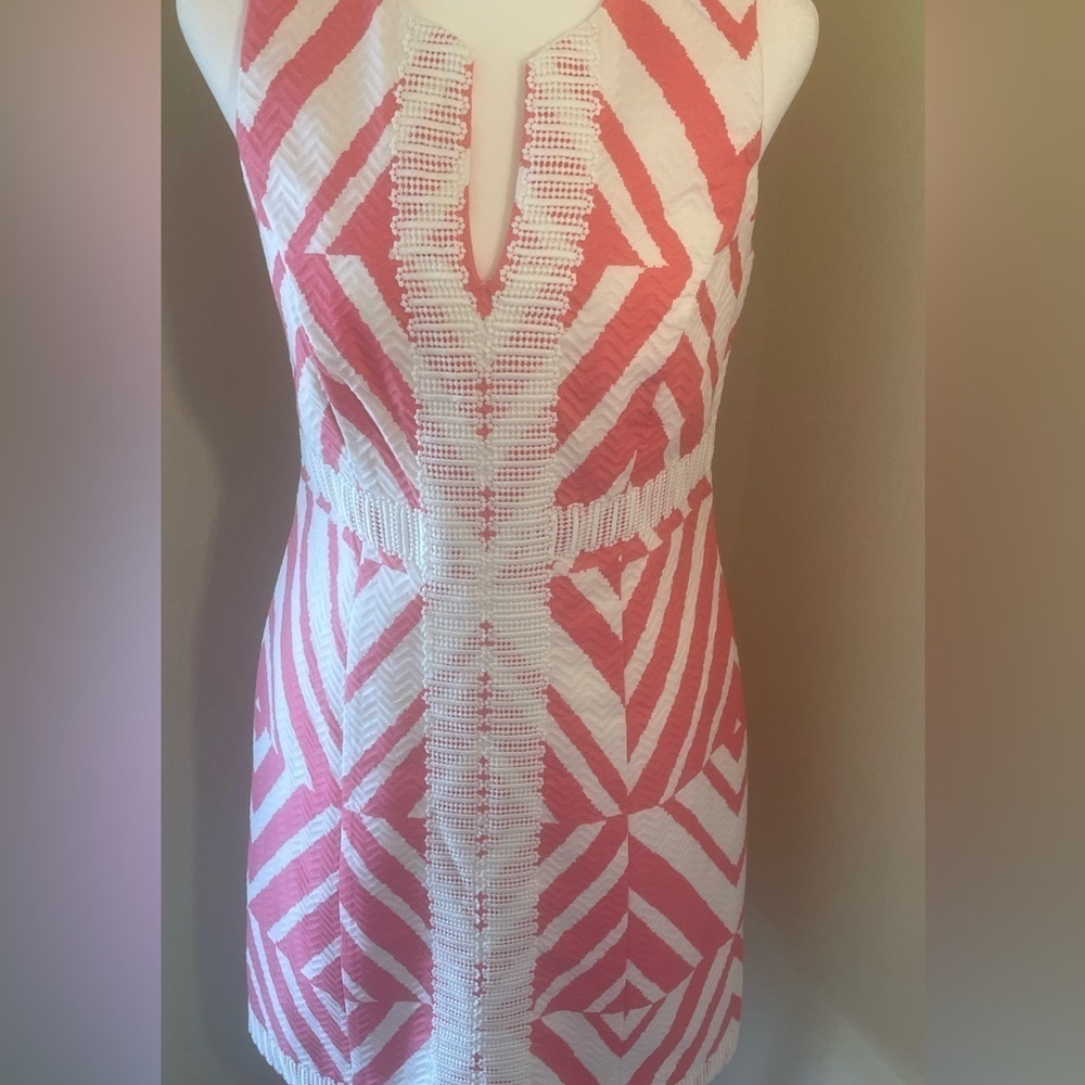 Taylor Sundress, Short 100% Cotton, Sheath,  Zigzag‎ print w/ embroidered trim - Picture 3 of 14